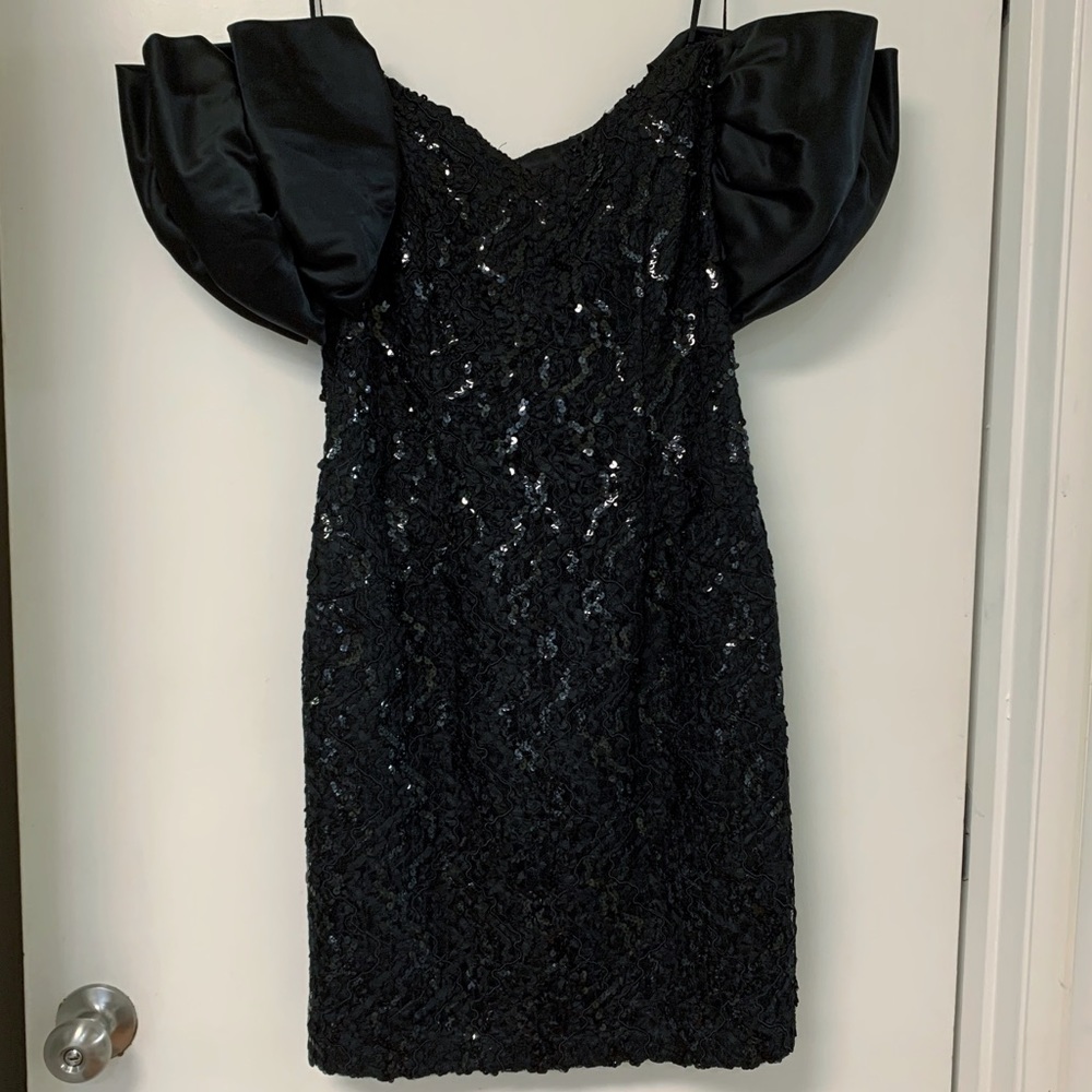 Black vintage 1980s sequined sheath dress with balloon sleeves